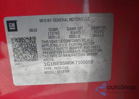 2019 Chevrolet Cruze Lt from USA, damaged, VIN 1G1BE5SM0K7105650